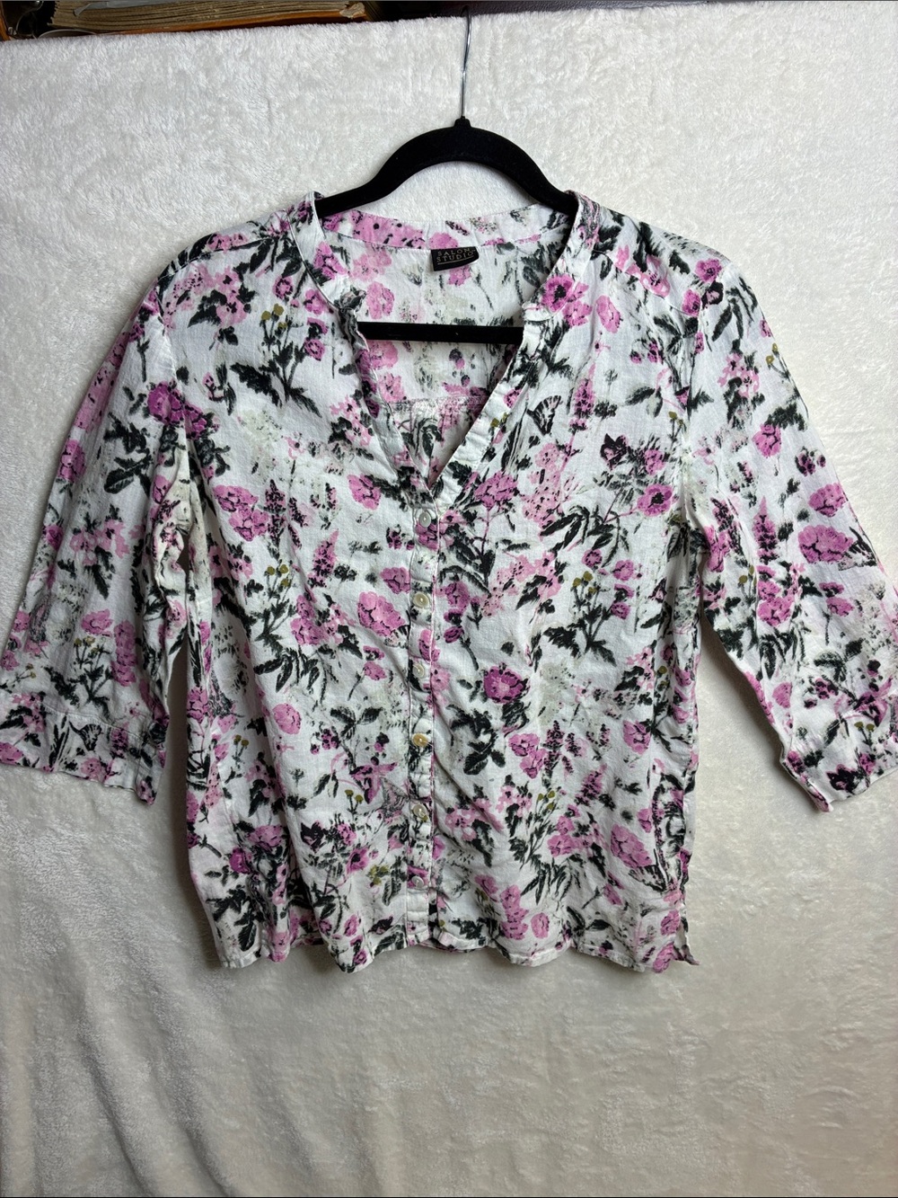 Floral Button-Down Blouse in White with Pink Print